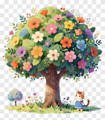Flower Tree With Cat PNG