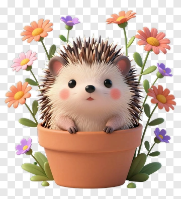 Cute Hedgehog In Flower Pot PNG