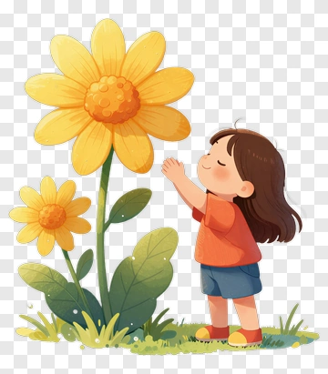 Child Reaching For Big Yellow Flower PNG