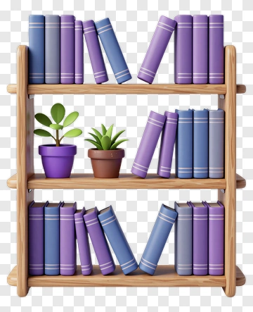 Wooden Bookshelf With Books And Plants PNG