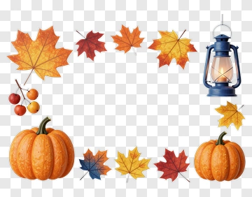 Autumn Leaves Pumpkins And Lantern PNG