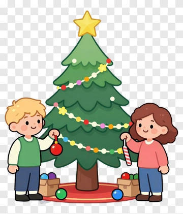 Children Decorating Christmas Tree PNG