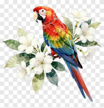 Colorful Parrot With White Flowers PNG