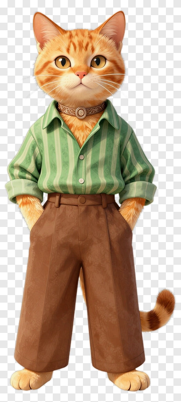 Orange Cat In Striped Shirt And Brown Pants PNG