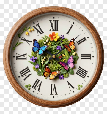 Clock With Butterflies And Flowers PNG