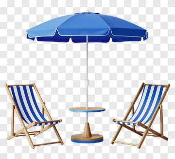 Blue Beach Umbrella And Deck Chairs PNG
