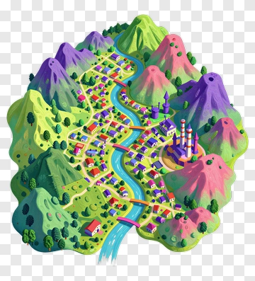 Colorful Mountain Village Map PNG