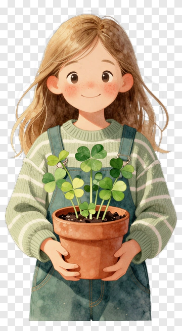 Girl Holding Potted Clover Plant PNG