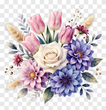 Watercolor Floral Bouquet With Tulips And Dahlias PNG