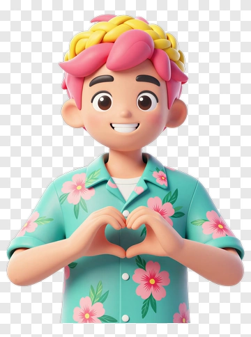 Cartoon Boy With Flower Shirt Making Heart Gesture PNG