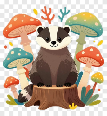 Cute Badger Surrounded By Mushrooms PNG
