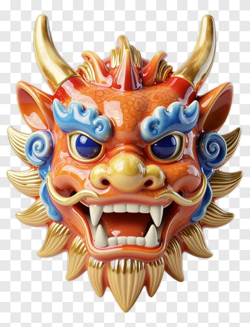 Chinese Dragon Mask With Golden Horns PNG