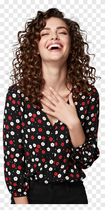 Woman Laughing With Curly Hair In Floral Shirt PNG