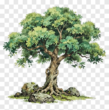 Watercolor Tree With Rocks And Grass PNG