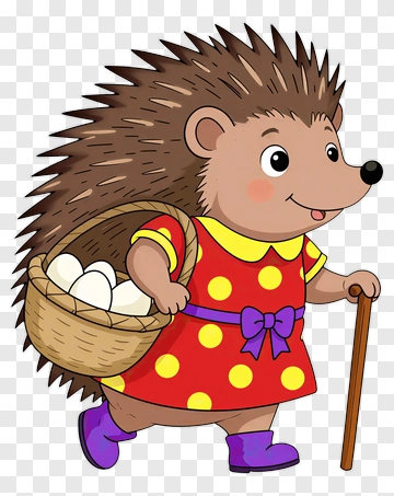 Cheerful Hedgehog With Basket And Walking Stick PNG