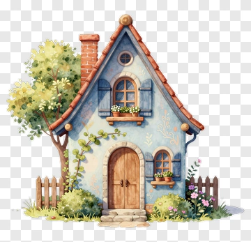 Charming Blue Cottage With Tree And Flowers PNG