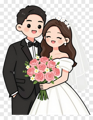 Cartoon Bride And Groom Holding Bouquet PNG