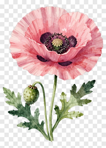 Pink Poppy With Green Leaves PNG