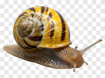 Yellow And Brown Snail With Striped Shell PNG
