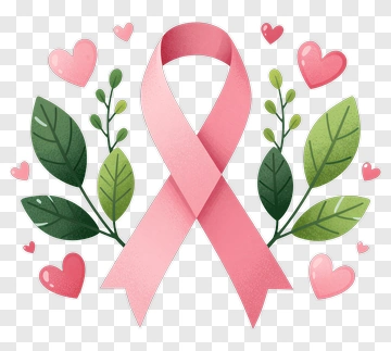 Breast Cancer Awareness Ribbon With Hearts And Leaves PNG