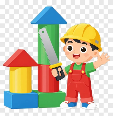 Child Construction Worker With Toy Blocks PNG