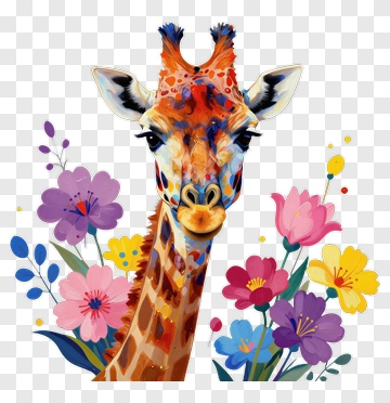Colorful Giraffe With Floral Background PNG