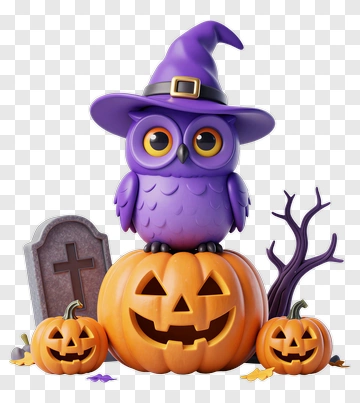 Purple Owl In Witch Hat On Pumpkin PNG