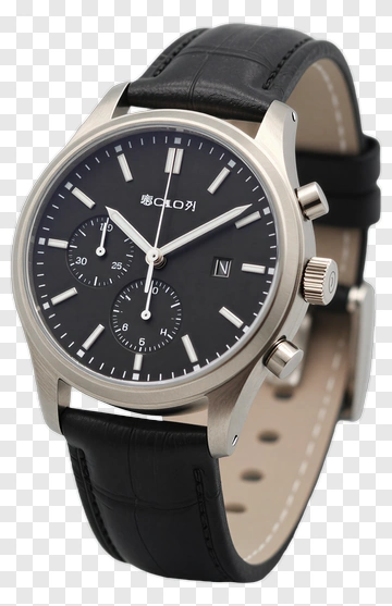 Silver Watch With Black Dial And Leather Strap PNG