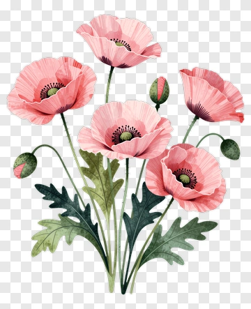 Pink Poppy Bouquet With Green Leaves PNG