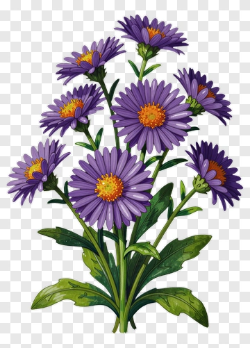Purple Daisy Blooms With Green Leaves PNG