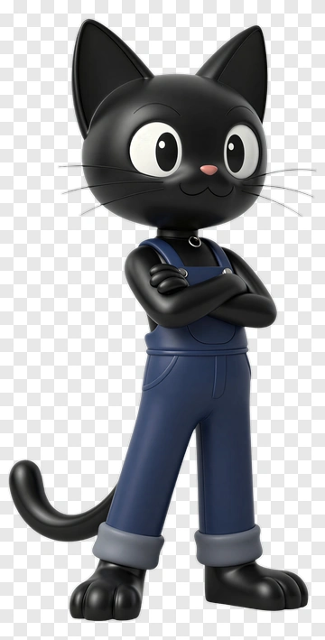 Confident Black Cat In Blue Overalls PNG