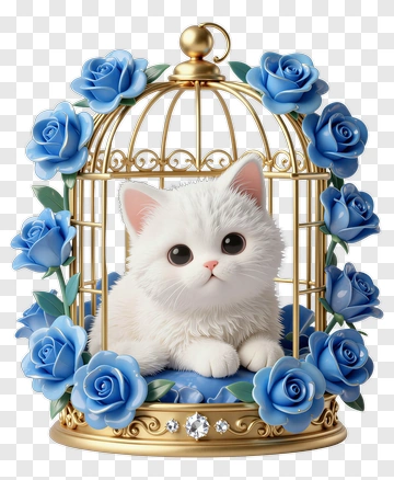 White Cat In Blue Rose Birdcage PNG