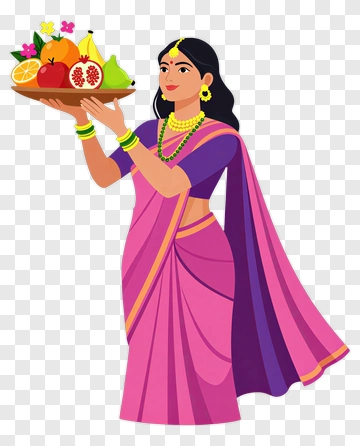 Woman In Sari Holding Fruit Platter PNG