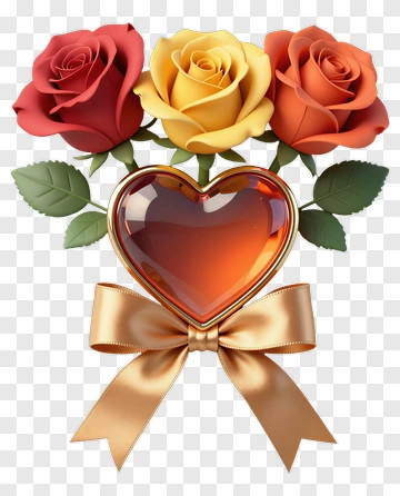 Three Roses With Heart And Gold Bow PNG