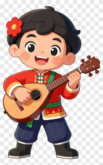 Child Playing Guitar In Traditional Attire PNG