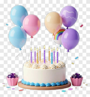 Birthday Cake With Balloons And Candles PNG
