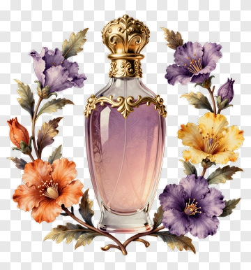 Elegant Perfume Bottle With Floral Arrangement PNG