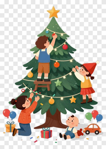 Children Decorating Christmas Tree PNG