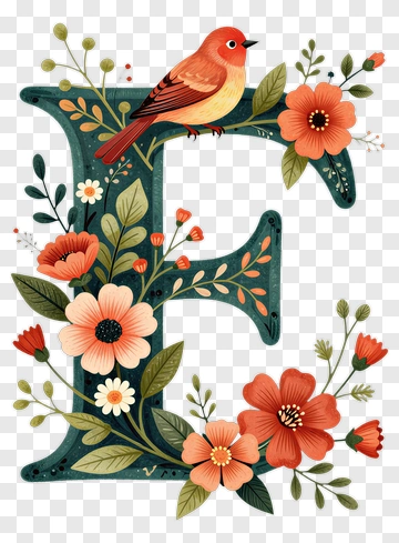 Letter E With Bird And Flowers PNG