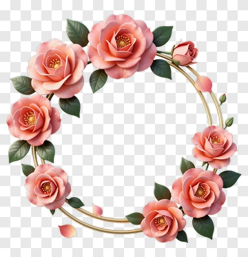 Pink Roses In Gold Wreath Frame PNG