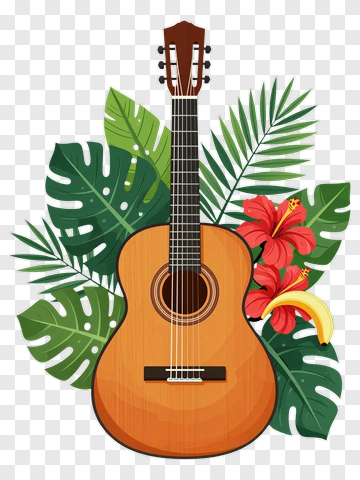 Acoustic Guitar With Tropical Decor PNG