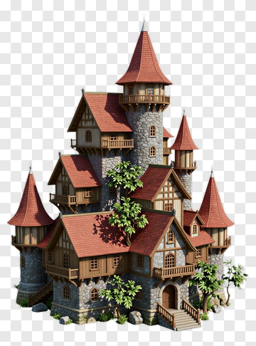 Fantasy Castle With Red Roofs And Stone Towers PNG