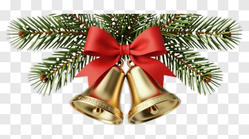 Christmas Bells With Red Bow On Pine Branch PNG