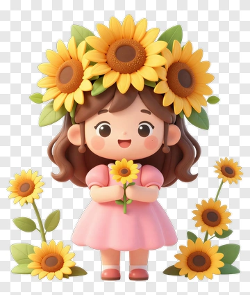 Cartoon Girl Wearing Sunflower Crown PNG