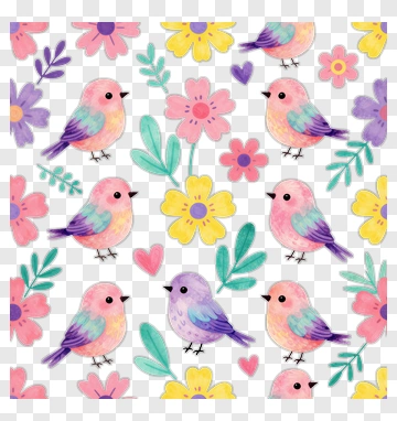 Pastel Birds And Flowers Pattern PNG