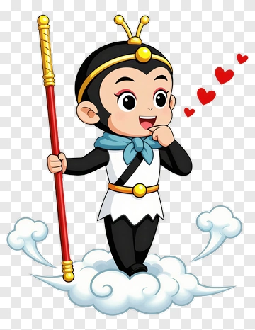 Cartoon Monkey King With Staff And Hearts PNG