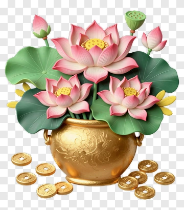 Lotus Flowers In Golden Vase With Coins PNG