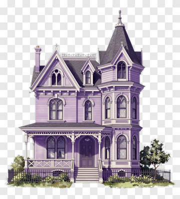Purple Victorian House With Porch And Garden PNG