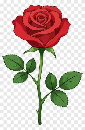 Red Rose With Green Stem And Leaves PNG
