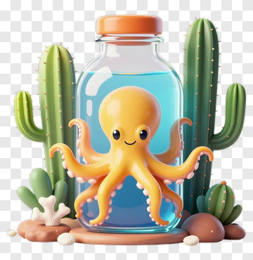Cute Octopus In Glass Jar With Cactus PNG